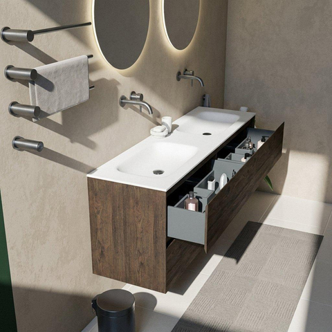 Saniclass Holz Pure Badkamermeubelset - 160x45x61.5cm - Flow solid surface wastafel wit - 2 wasbakken - zonder kraangaten - 4 lades - mat eiken charcoal (hout) SW1478449