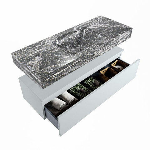 Mondiaz ALAN-DLUX Ensemble de meuble - 120cm - meuble Clay mat - 1 tiroir - Lavabo Cloud Lava suspendu - vasque Centre - 0 trous de robinet SW808783