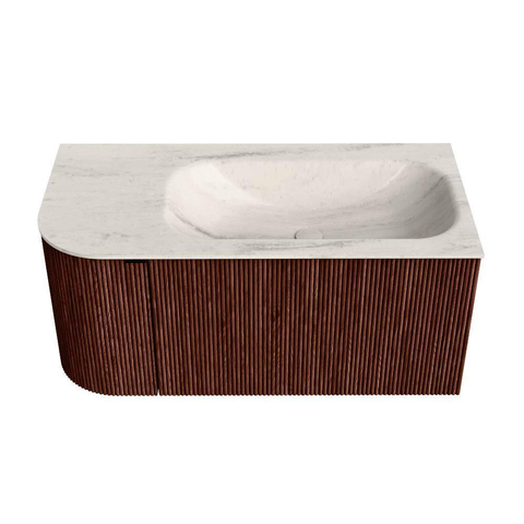 MONDIAZ KURVE-DLUX Meuble de salle de bains 95cm arrondi à gauche couleur Ruby avec 1 tiroir et 1 porte. Plan-vasque BIG SMALL à droite sans trou de robinet Meli. SW1432046