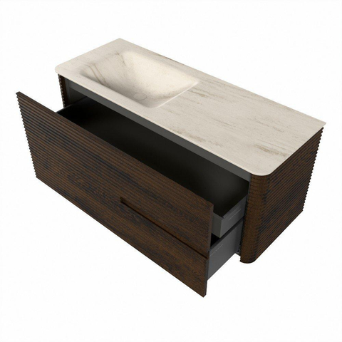 Mondiaz CIRO-DLUX Badkamermeubelset - 120x45x50cm - Solid surface wastafel Meli - 1 wasbak Links - zonder kraangaten - 2 lades - Walnut SW1530499