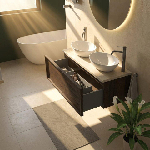 Saniclass Holz Frame Ensemble de meubles de salle de bains - 120x45x43cm - Plan de toilette en pierre naturelle travertin - 2 trous de robinetterie - 1 tiroir - chêne charcoal mat (bois) SW1478883