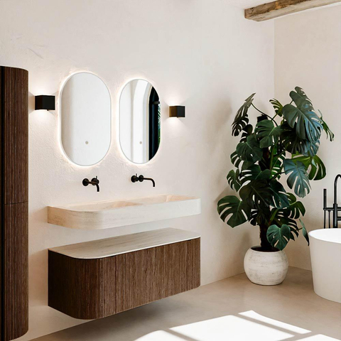 MONDIAZ THOR-DLUX 120cm meuble de salle de bains arrondi gauche + droite couleur Walnut avec 1 tiroir et 2 portes. Vasque suspendue CLOUD Double sans trou de robinet couleur Meli. SW1463397