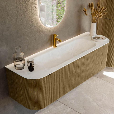 Mondiaz KURVE-DLUX Ensemble meuble de salle de bain - 150x46x40cm - 1 tiroir - 2 portes - lavabo solid surface - central - 1 trou de robinet - Dusk SW1414924