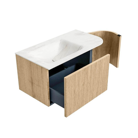 MONDIAZ KURVE-DLUX 85cm meuble de salle de bains avec module 25 R couleur Oak avec 1 tiroir et 1 porte. Lavabo CLOUD à gauche 1 trou de robinet couleur Ostra. SW1137710
