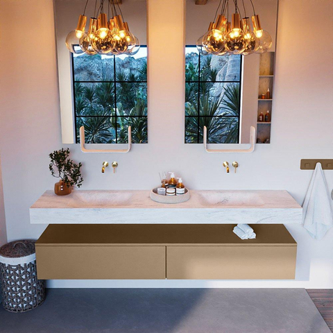 Mondiaz ALAN-DLUX Ensemble de meuble - 200cm - meuble Oro mat - 2 tiroirs - Lavabo Cloud Opalo suspendu - vasque Gauche et droite - 0 trous de robinet SW807031