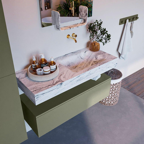 Mondiaz ALAN-DLUX Ensemble de meuble - 110cm - meuble Army mat - 1 tiroir - Lavabo Cloud Glace suspendu - vasque Droite - 0 trous de robinet SW806160