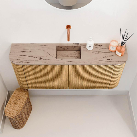 Mondiaz JOYA-DLUX 103.2cm toiletmeubel - ronding links en rechts kleur Oak - Wastafel FAYE positie Midden Zonder kraangat kleur Arena. SW1423899