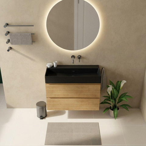 Saniclass Holz Pure Badkamermeubelset - 100x45x72cm - Legend keramische wastafel mat zwart - 1 wasbak - zonder kraangat - 2 lades - mat eiken natural (hout) SW1580175
