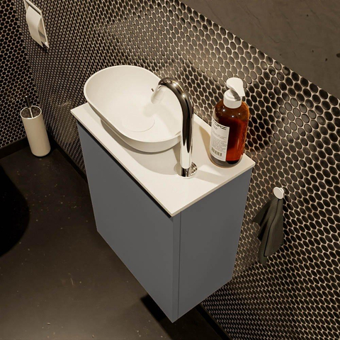 Mondiaz Fowy Meuble de toilette - 40x50x23cm - gris foncé mat - 1 trou de robinet - lavabo à gauche - 1 porte - solid surface - plan MDF - lavabo : Blanc / Noir SW760932