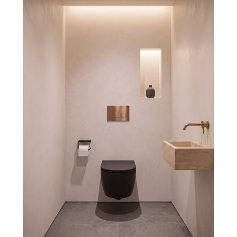 QeramiQ Dely Swirl Toiletset - 36.3x51.7cm - Geberit UP320 inbouwreservoir - met Burda frame - slim zitting - koperen bedieningsplaat - rechthoekige knoppen - mat zwart SW1130197