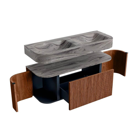 MONDIAZ THOR-DLUX 120cm badmeubel ronding links + rechts kleur Ruby met 1 lade en 2 deuren. Vrijhangende wastafel CLOUD Dubbel 2 kraangaten kleur Sombra. SW1463650