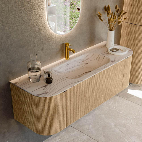 MONDIAZ KURVE-DLUX 140cm badmeubel ronding Links + Rechts kleur Oak met 1 lade en 2 deuren. Wastafel BIG SMALL Midden 1 kraangat Nata. SW1432093