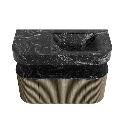 MONDIAZ THOR-DLUX 100cm meuble de salle de bains arrondi gauche + droite couleur Shadow avec 1 tiroir et 2 portes. Vasque suspendue CLOUD Droite 1 trou de robinet couleur Lava. SW1467584