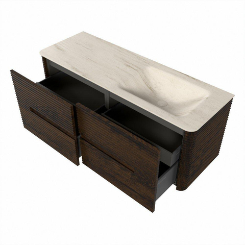 Mondiaz CIRO-DLUX Ensemble de meubles de salle de bains - 130x45x50cm - lavabo solid surface Meli - 1 vasque à droite - 1 trou de robinet - 4 tiroirs - Noyer SW1530490
