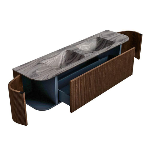 MONDIAZ KURVE-DLUX Meuble de salle de bains 170cm arrondi Gauche + Droite couleur Walnut avec 1 tiroir et 2 portes. Lavabo LEAF Double 2 trous de robinet Sombra. SW1433695