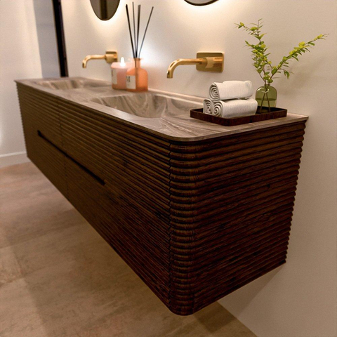 Mondiaz CIRO-DLUX Badkamermeubelset - 180x45x50cm - Solid surface wastafel Sombra - 2 wasbak Dubbel - zonder kraangaten - 4 lades - Walnut SW1530892
