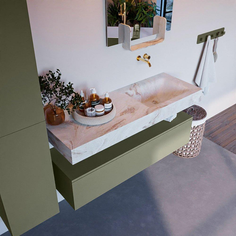 Mondiaz ALAN-DLUX Ensemble de meuble - 130cm - meuble Army mat - 1 tiroir - Lavabo Cloud Frappe suspendu - vasque Droite - 0 trous de robinet SW805477