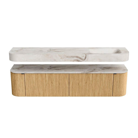 MONDIAZ THOR-DLUX Meuble de salle de bains - 190cm - arrondi gauche + droite - couleur Oak - 2 tiroirs et 2 portes - Vasque suspendue CLOUD Droite sans trou de robinet - couleur Frappe SW1466370