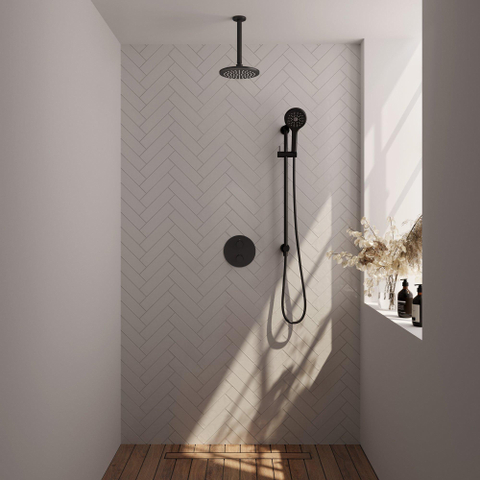 BRAUER Black Edition thermostatische Inbouw Regendouche - 3-weg - rond - set 95 - 20cm hoofddouche - plafondarm - 3-standen handdouche - doucheslang - geïntegreerde glijstang - mat zwart SW1159229
