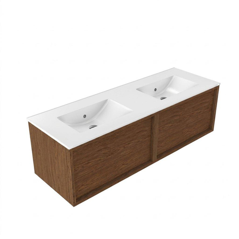 Saniclass Holz Frame Meuble de salle de bain - 140x45x40cm - lavabo en céramique blanc - 2 vasques - sans trous de robinet - 2 tiroirs - Walnut pure SW1437761