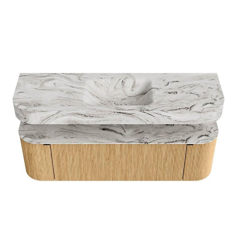 MONDIAZ THOR-DLUX 150cm meuble de salle de bains arrondi gauche + droite couleur Oak avec 1 tiroir et 2 portes. Vasque suspendue CLOUD Milieu 1 trou de robinet couleur Glace. SW1464596