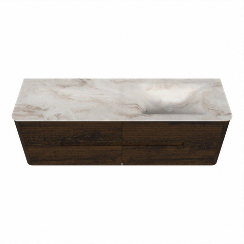Mondiaz CIRO-DLUX Meuble de salle de bains - 150x45x50cm - Plan vasque solid surface Frappe - 1 vasque à droite - 1 trou de robinet - 4 tiroirs - Noyer SW1530211
