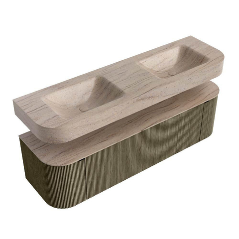 MONDIAZ THOR-DLUX 160cm meuble de salle de bains arrondi gauche + droite couleur Shadow avec 1 tiroir et 2 portes. Vasque suspendue CLOUD Double sans trou de robinet couleur Saba. SW1465359