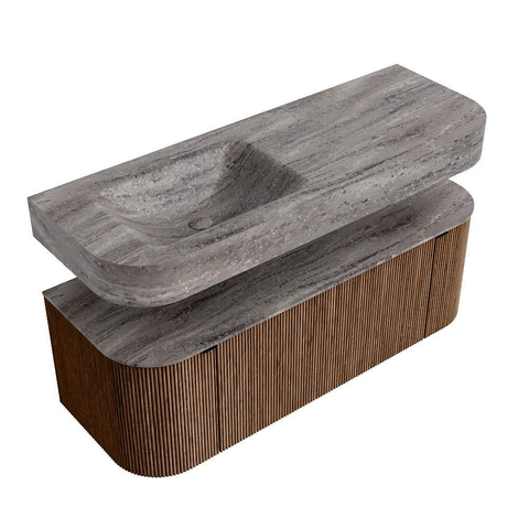 MONDIAZ THOR-DLUX 130cm badmeubel ronding links + rechts kleur Walnut met 1 lade en 2 deuren. Vrijhangende wastafel CLOUD Links zonder kraangat kleur Oza. SW1463969