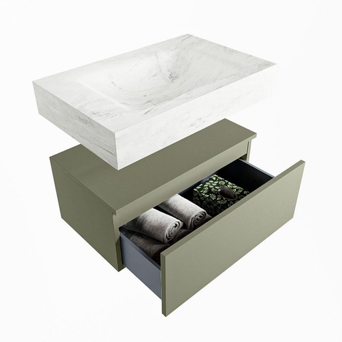 Mondiaz ALAN-DLUX Ensemble de meuble - 70cm - meuble Army mat - 1 tiroir - Lavabo Cloud Opalo suspendu - vasque Centre - 1 trou de robinet SW806563