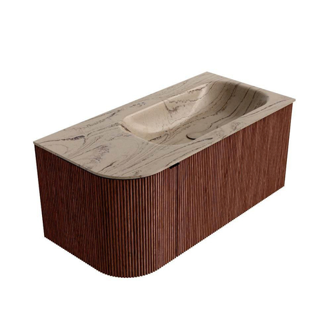 MONDIAZ KURVE-DLUX Meuble de salle de bains 95cm arrondi à gauche couleur Ruby avec 1 tiroir et 1 porte. Lavabo BIG SMALL à droite sans trou de robinet Arena. SW1431510