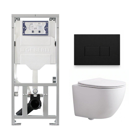 Pack WC QeramiQ Dely Swirl Compact - réservoir encastrable Geberit UP320 - avec bâti-support Burda - abattant slim - plaque de commande en métal noir mat - boutons rectangulaires - blanc brillant SW1592289