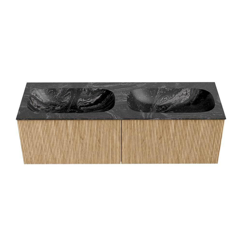MONDIAZ KURVE-DLUX 140cm badmeubel kleur Oak met 2 lades. Wastafel STOR SMALL dubbel zonder kraangat kleur Lava. SW1137198