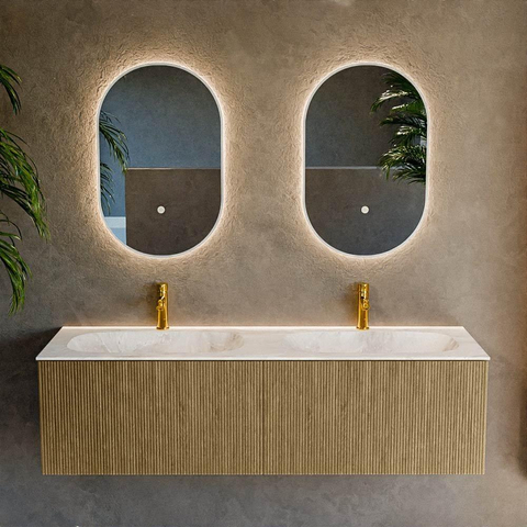 Mondiaz KURVE-DLUX Ensemble meuble de salle de bains - 150x46x40cm - 2 tiroirs - vasque solid surface - double - 2 trous de robinet - Dusk SW1415037