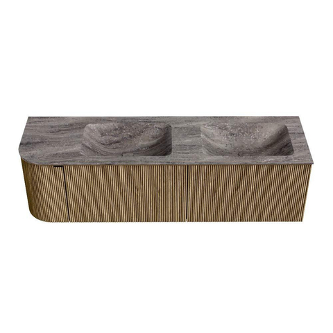 MONDIAZ KURVE-DLUX Meuble de salle de bains 155cm arrondi à gauche couleur Dusk avec 2 tiroirs et 1 porte. Lavabo LEAF Double / 2 trous de robinet à droite Oza. SW1433026