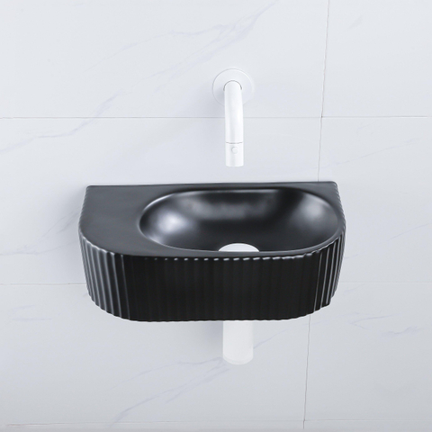 QeramiQ Fuente pack lave-mains – demi-rond – 40 x 21,5 x 12 cm – sans perçage – robinet blanc mat – cannelé SW1233096
