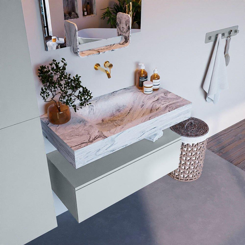 Mondiaz ALAN-DLUX Ensemble de meuble - 90cm - meuble Clay mat - 1 tiroir - Lavabo Cloud Glace suspendu - vasque Centre - 0 trous de robinet SW806199