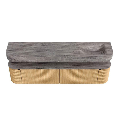 MONDIAZ THOR-DLUX 200cm badmeubel ronding links + rechts kleur Oak met 2 lades en 2 deuren. Vrijhangende wastafel CLOUD Rechts zonder kraangat kleur Oza. SW1467177