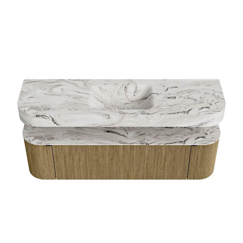 MONDIAZ THOR-DLUX 160cm meuble de salle de bains arrondi gauche + droite couleur Dusk avec 1 tiroir et 2 portes. Vasque suspendue CLOUD Milieu 1 trou de robinet couleur Glace. SW1465038