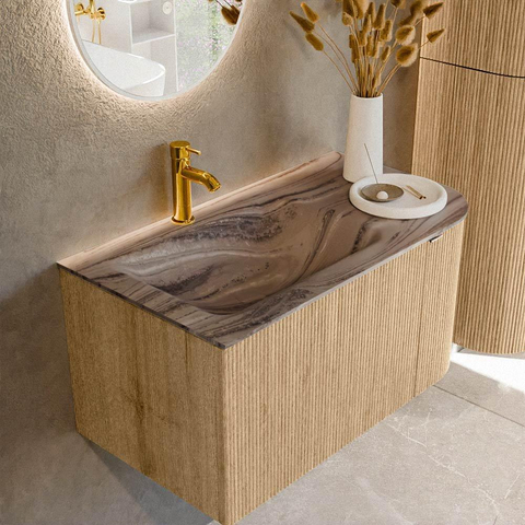 MONDIAZ KURVE-DLUX 85cm badmeubel ronding Rechts kleur Oak met 1 lade en 1 deur. Wastafel CLOUD Links 1 kraangat Sombra. SW1433535