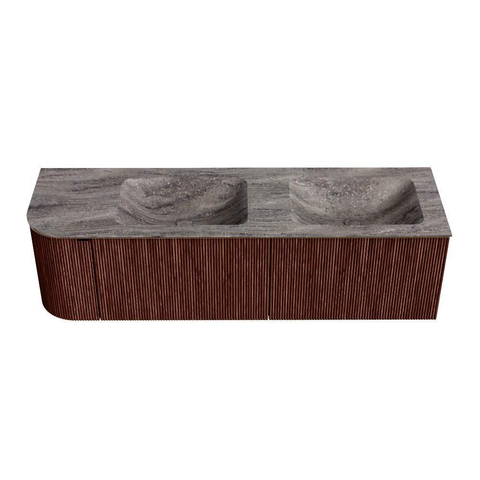MONDIAZ KURVE-DLUX Meuble de salle de bains 155cm arrondi à gauche couleur Ruby avec 2 tiroirs et 1 porte. Lavabo LEAF Double / Droite sans trou de robinet Oza. SW1432830