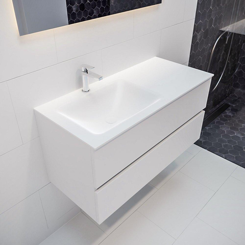 ENSEMBLE DE MEUBLE MONDIAZ VICA - 100cm - 2 tiroirs - lavabo Cloud gauche - 1 trou de robinet - solid surface talc SW409824