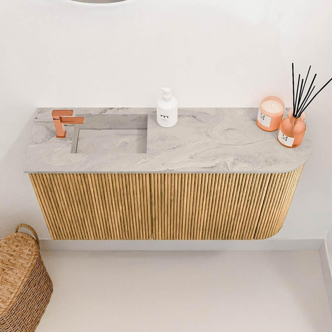 Mondiaz JOYA-DLUX 81.6cm meuble de toilette - arrondi droit couleur Chêne - Vasque FAYE position Gauche 1 trou de robinet couleur Glace SW1421979