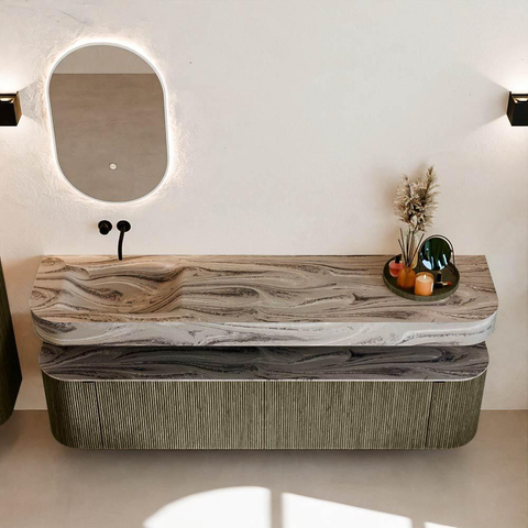MONDIAZ THOR-DLUX Meuble de salle de bains 190cm arrondi gauche + droite couleur Shadow avec 2 tiroirs et 2 portes. Vasque suspendue CLOUD Gauche sans trou de robinet couleur Sombra. SW1466718