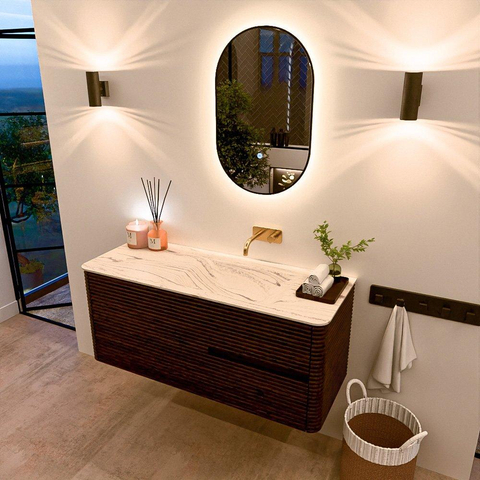 Mondiaz CIRO-DLUX Ensemble de meubles de salle de bains - 120x45x50cm - Plan-vasque solid surface Nata - 1 vasque à droite - sans trous de robinetterie - 2 tiroirs - Noyer SW1530544