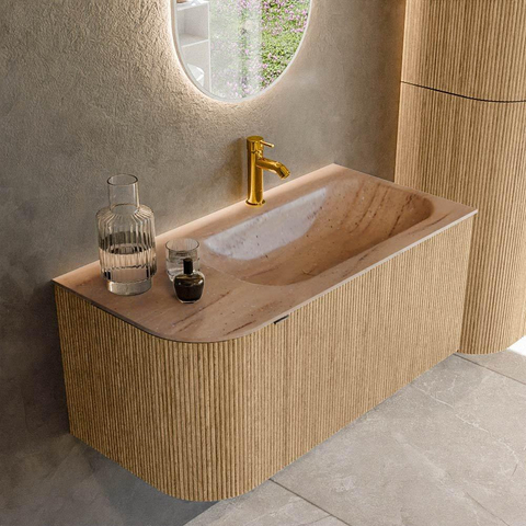 MONDIAZ KURVE-DLUX Meuble de salle de bains 95cm arrondi Gauche couleur Chêne avec 1 tiroir et 1 porte. Lavabo BIG SMALL Droite 1 trou de robinet Saba. SW1433052