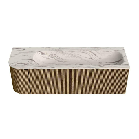 MONDIAZ KURVE-DLUX 145cm badmeubel ronding Links kleur Dusk met 1 lade en 1 deur. Wastafel BIG LARGE Rechts 1 kraangat Nata. SW1432402