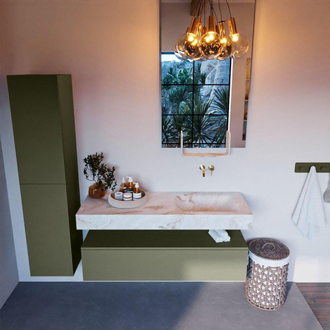 Mondiaz ALAN-DLUX Ensemble de meuble - 130cm - meuble Army mat - 1 tiroir - Lavabo Cloud Frappe suspendu - vasque Droite - 0 trous de robinet SW805477