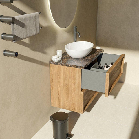 Saniclass Holz Frame Badkamermeubelset - 80x45x63cm - Noche natuurstenen topblad dark emperador - 1 kraangat - 2 lades - mat eiken natural (hout) SW1579870