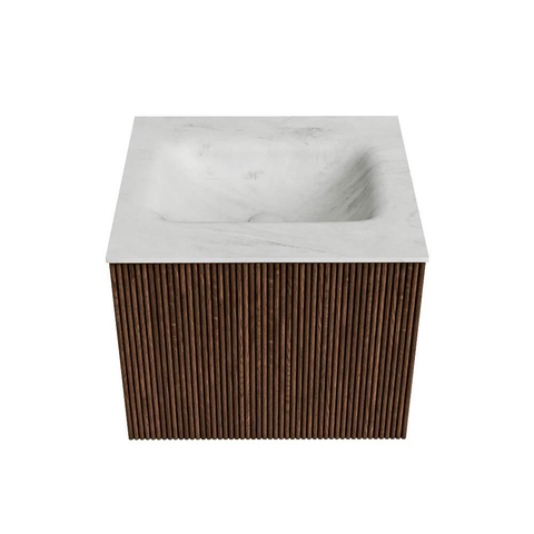 MONDIAZ KURVE-DLUX 50cm badmeubel kleur Walnut met 1 lade. Wastafel GRUNNE midden zonder kraangat kleur Opalo. SW1137589