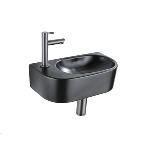 Fugaflow Efficiente Ensemble Fontaine Pietra - 40x21,5x12 cm - gauche - lisse - demi-ronde - 1 trou de robinet - céramique - robinet de fontaine gunmetal - bouchon de vidange - siphon abaissé - noir mat SW1442420